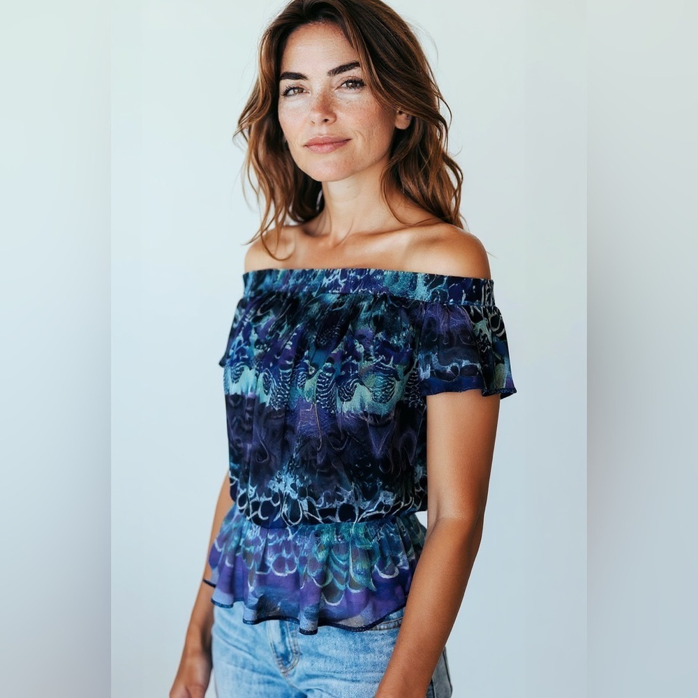Cache Off Shoulder Peplum Blouse Medium Blue Purple Sheer Boho Top